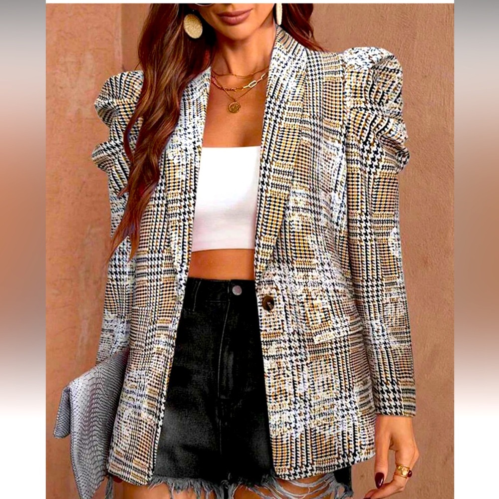Loose Puff Sleeves Plaid Pleated blazer